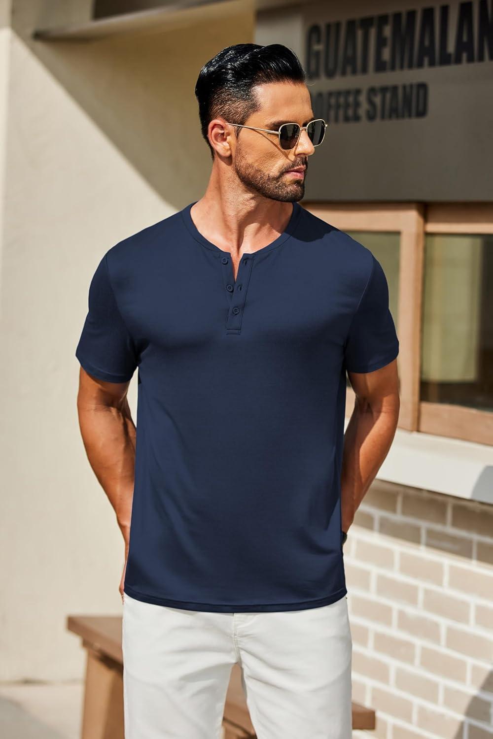 imageCOOFANDY Mens Henley Shirts Short Sleeve Casual Summer Basic T Shirt Soild Button Tee TopAnavy Blue