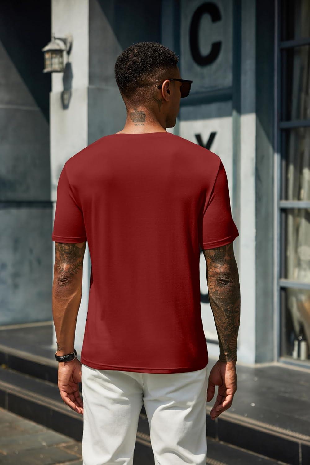 imageCOOFANDY Mens Henley Shirts Short Sleeve Casual Summer Basic T Shirt Soild Button Tee TopAwine Red