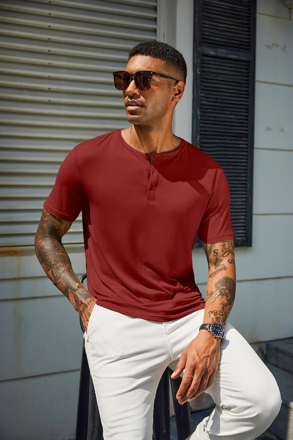 imageCOOFANDY Mens Henley Shirts Short Sleeve Casual Summer Basic T Shirt Soild Button Tee TopAwine Red
