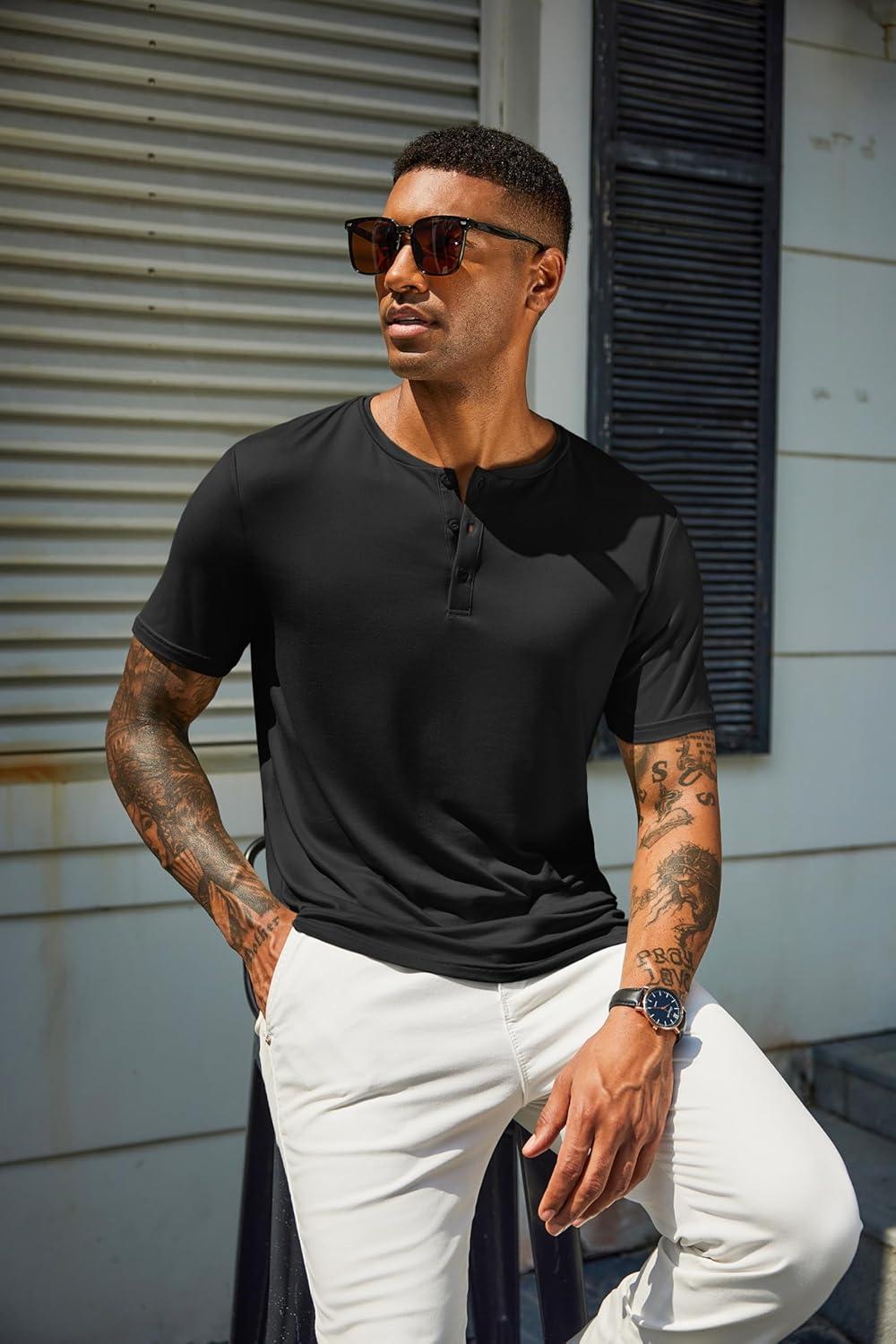 imageCOOFANDY Mens Henley Shirts Short Sleeve Casual Summer Basic T Shirt Soild Button Tee TopB2 Pack BlackArmy Green