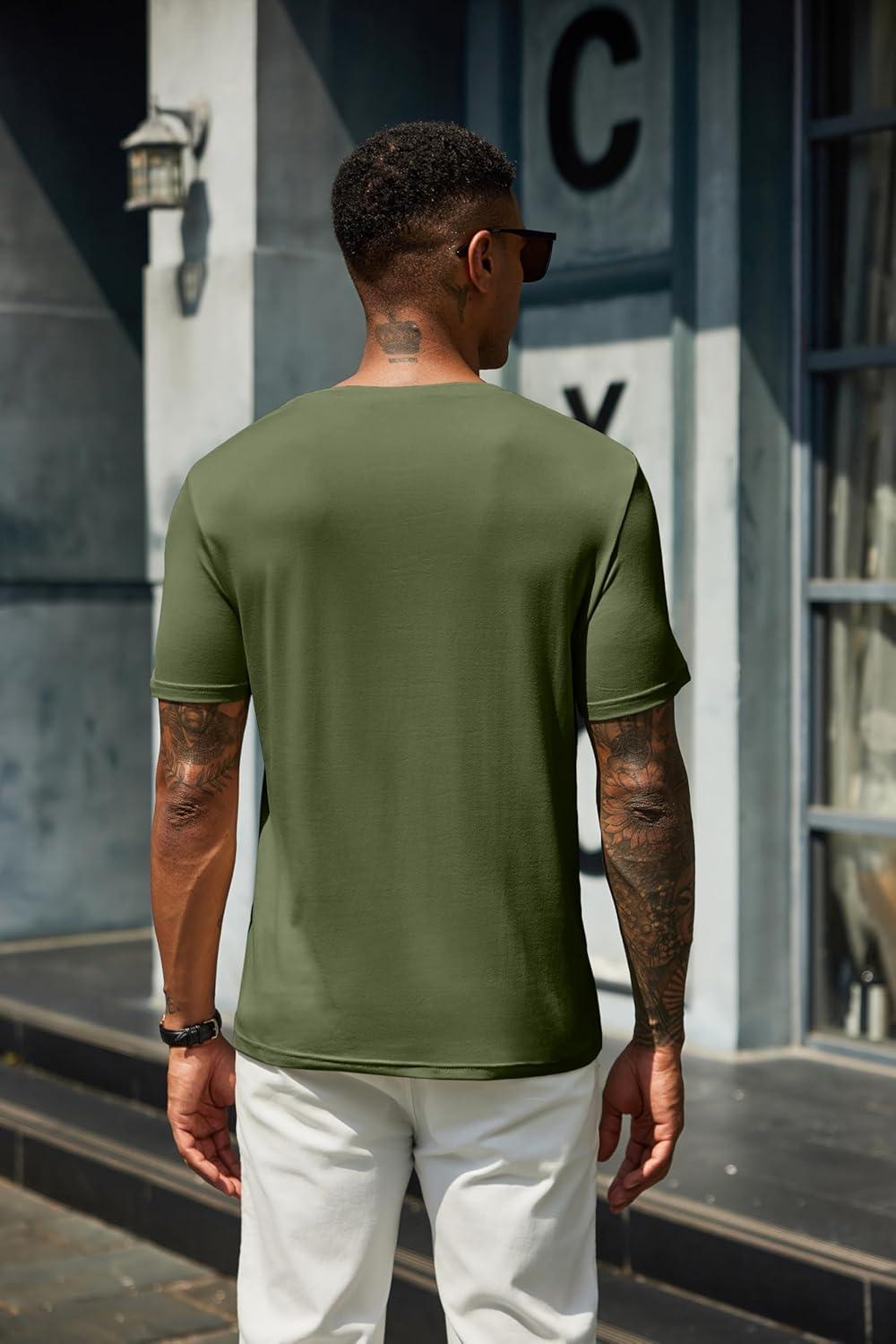 imageCOOFANDY Mens Henley Shirts Short Sleeve Casual Summer Basic T Shirt Soild Button Tee TopB2 Pack BlackArmy Green