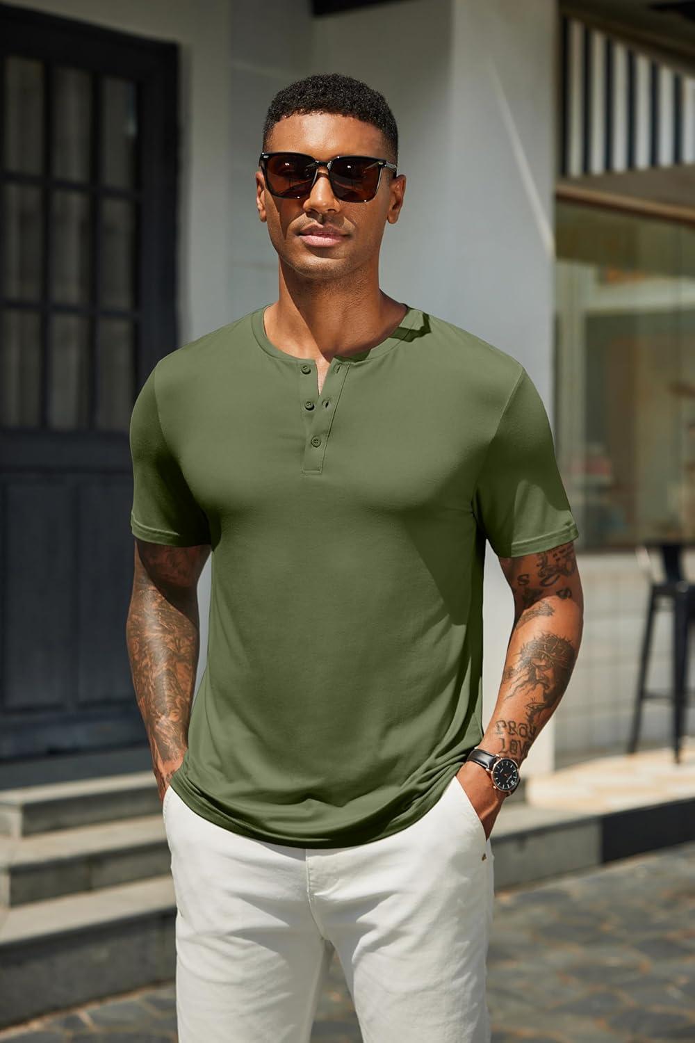 imageCOOFANDY Mens Henley Shirts Short Sleeve Casual Summer Basic T Shirt Soild Button Tee TopB2 Pack BlackArmy Green