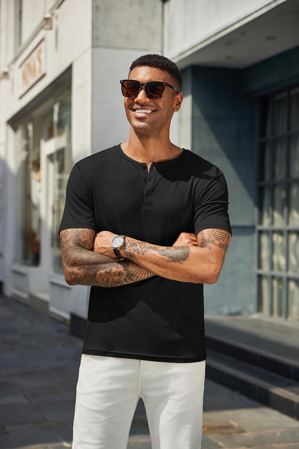 imageCOOFANDY Mens Henley Shirts Short Sleeve Casual Summer Basic T Shirt Soild Button Tee TopB2 Pack BlackArmy Green