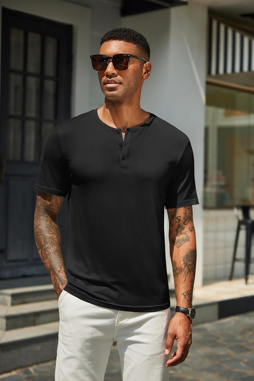 imageCOOFANDY Mens Henley Shirts Short Sleeve Casual Summer Basic T Shirt Soild Button Tee TopB2 Pack BlackNavy Blue