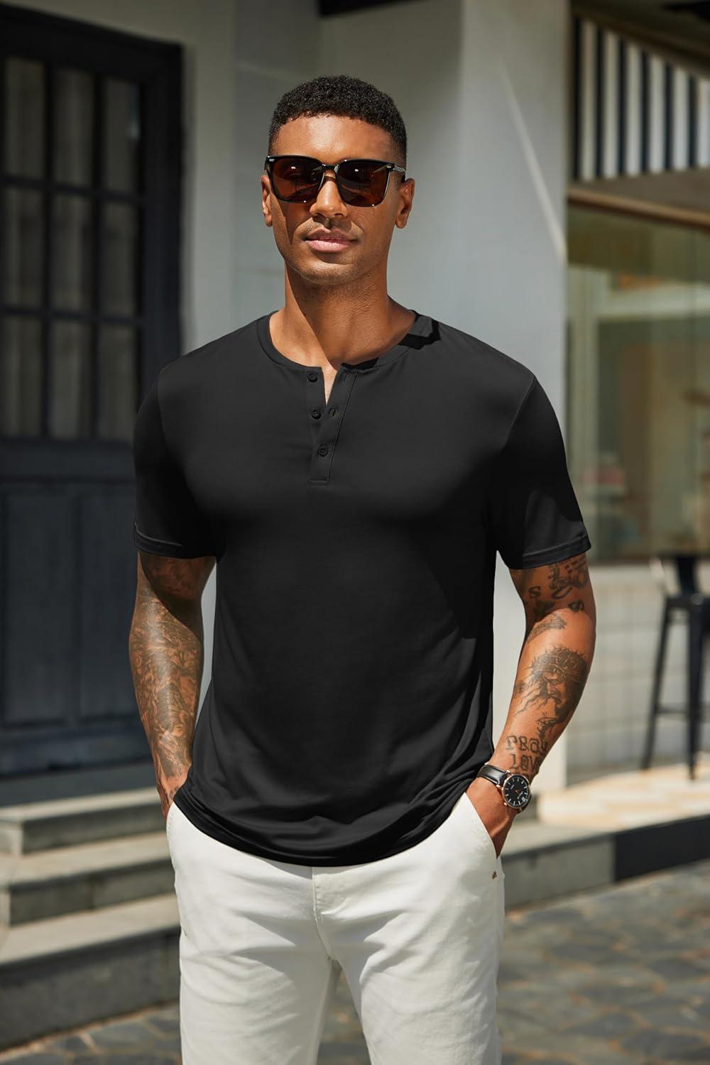 imageCOOFANDY Mens Henley Shirts Short Sleeve Casual Summer Basic T Shirt Soild Button Tee TopB2 Pack BlackNavy Blue