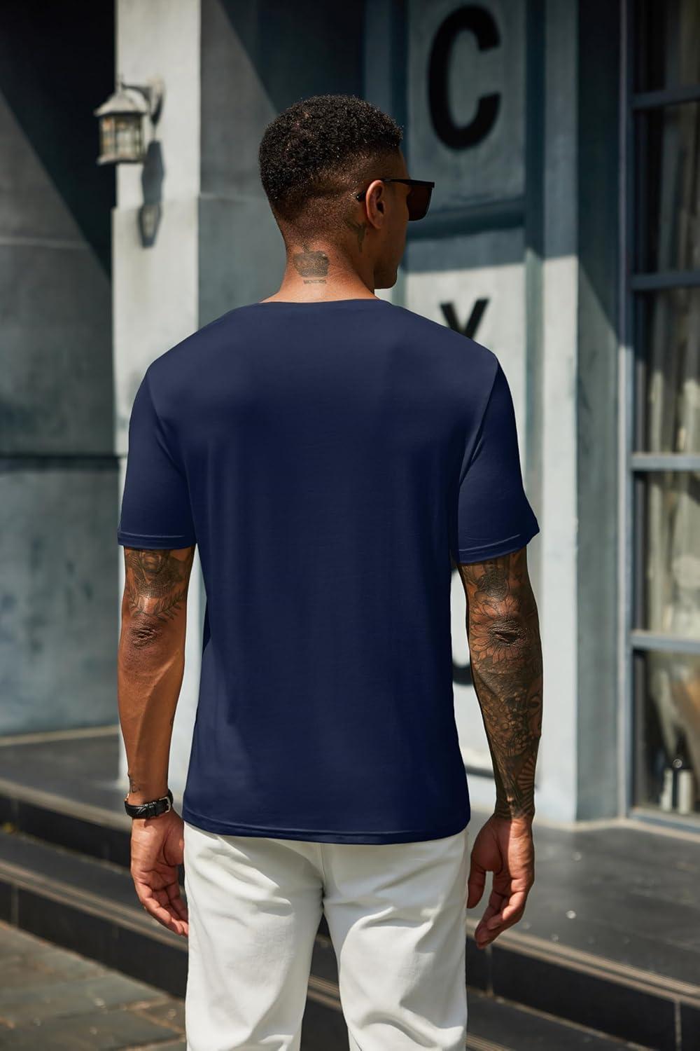 imageCOOFANDY Mens Henley Shirts Short Sleeve Casual Summer Basic T Shirt Soild Button Tee TopB2 Pack BlackNavy Blue