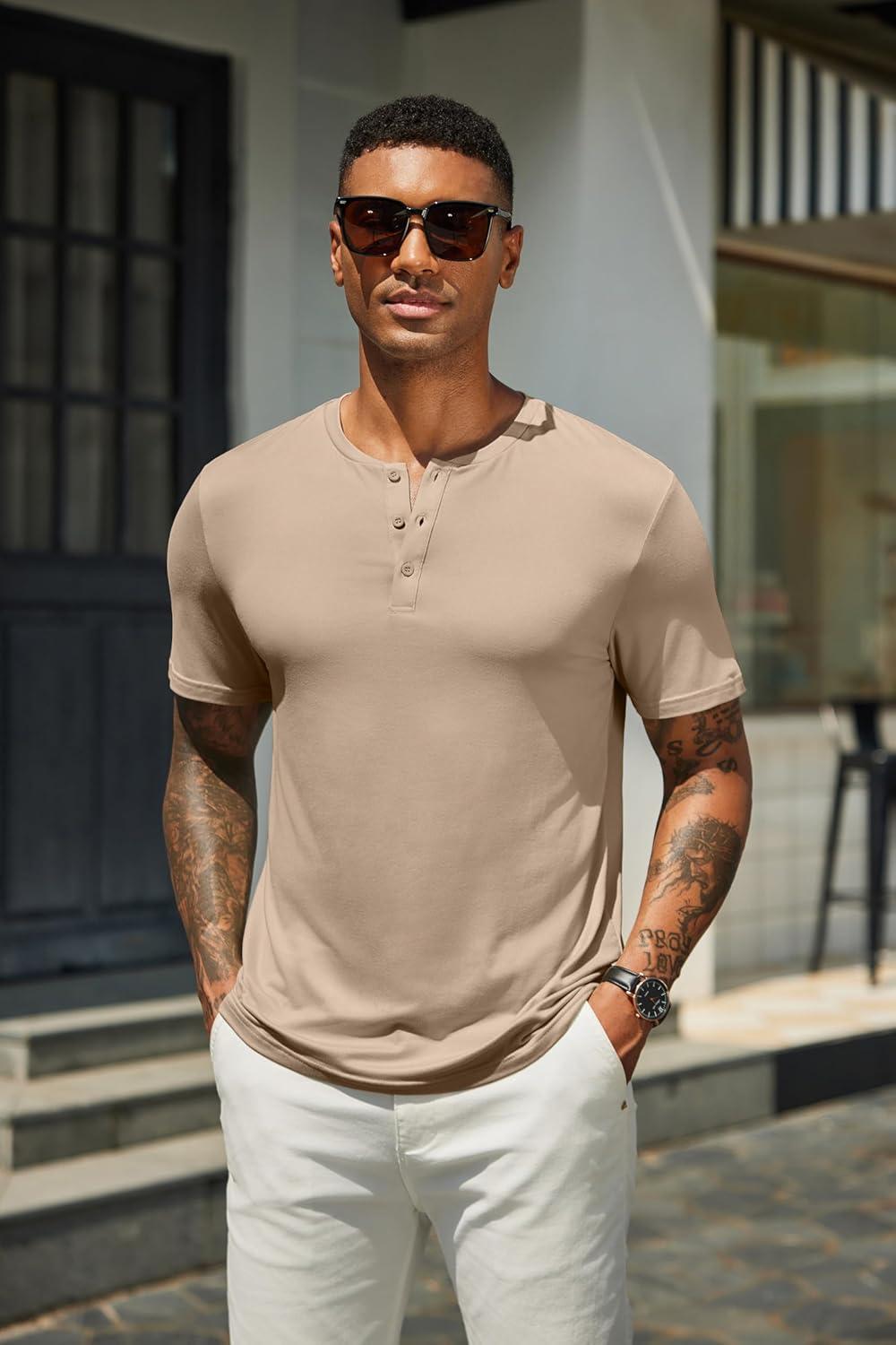 imageCOOFANDY Mens Henley Shirts Short Sleeve Casual Summer Basic T Shirt Soild Button Tee TopB2 Pack Navy BlueKhaki