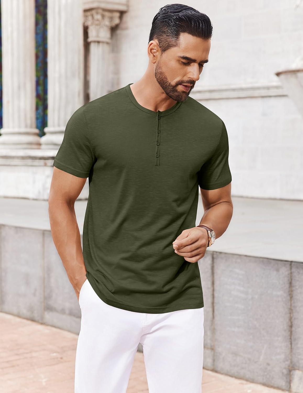 imageCOOFANDY Mens Henley Shirts Short Sleeve Collarless Button TShirt Fashion Casual Basic Tee TopsArmy Green