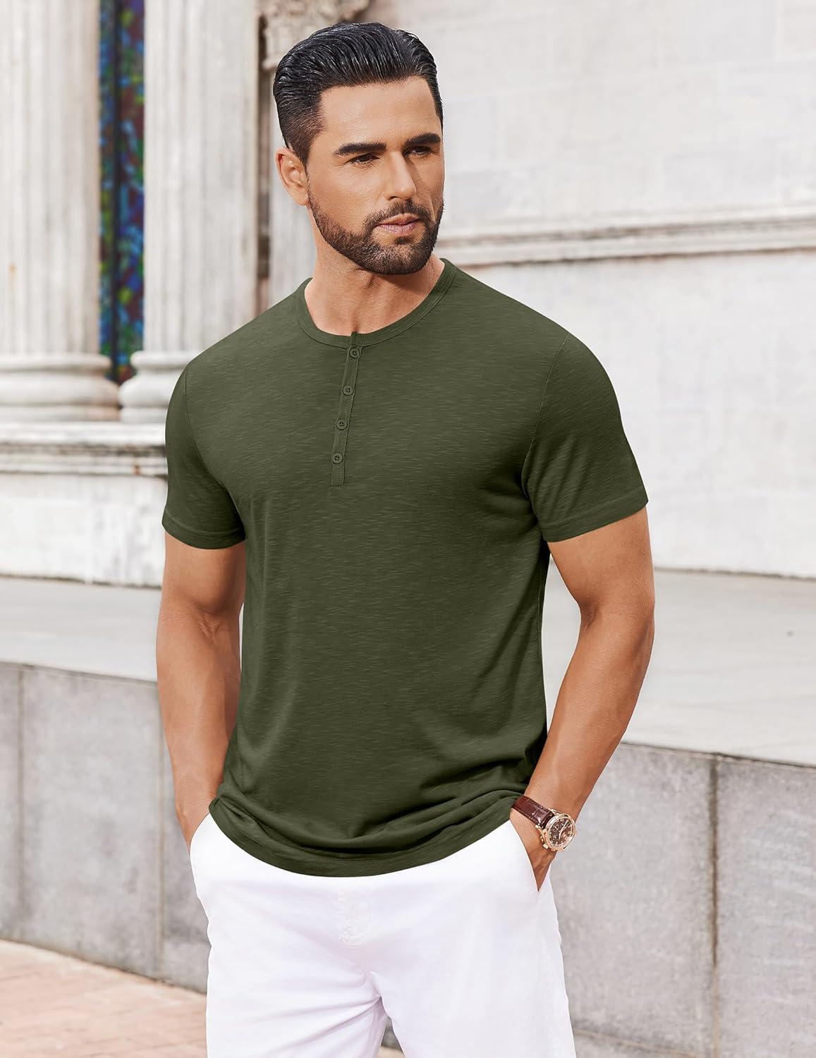 imageCOOFANDY Mens Henley Shirts Short Sleeve Collarless Button TShirt Fashion Casual Basic Tee TopsArmy Green