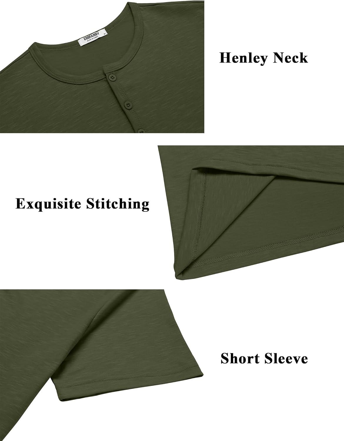 imageCOOFANDY Mens Henley Shirts Short Sleeve Collarless Button TShirt Fashion Casual Basic Tee TopsArmy Green