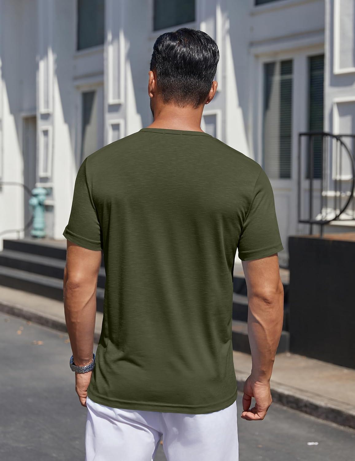 imageCOOFANDY Mens Henley Shirts Short Sleeve Collarless Button TShirt Fashion Casual Basic Tee TopsArmy Green