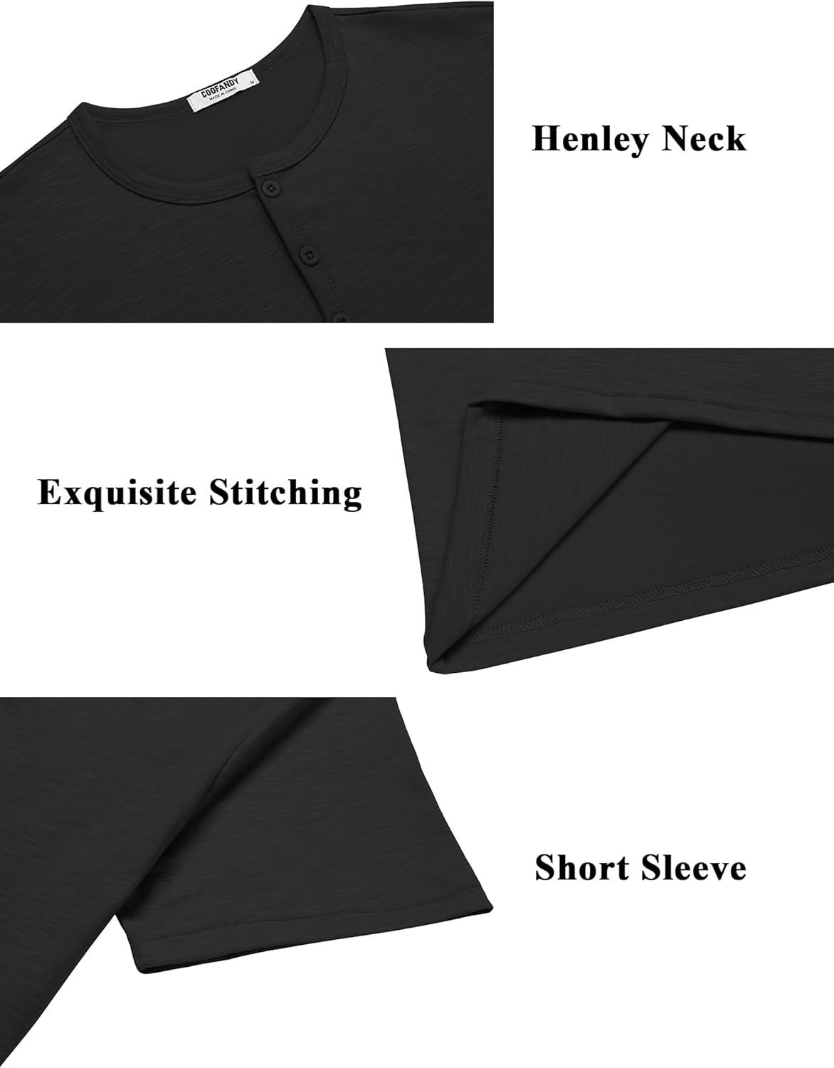 imageCOOFANDY Mens Henley Shirts Short Sleeve Collarless Button TShirt Fashion Casual Basic Tee TopsBlack