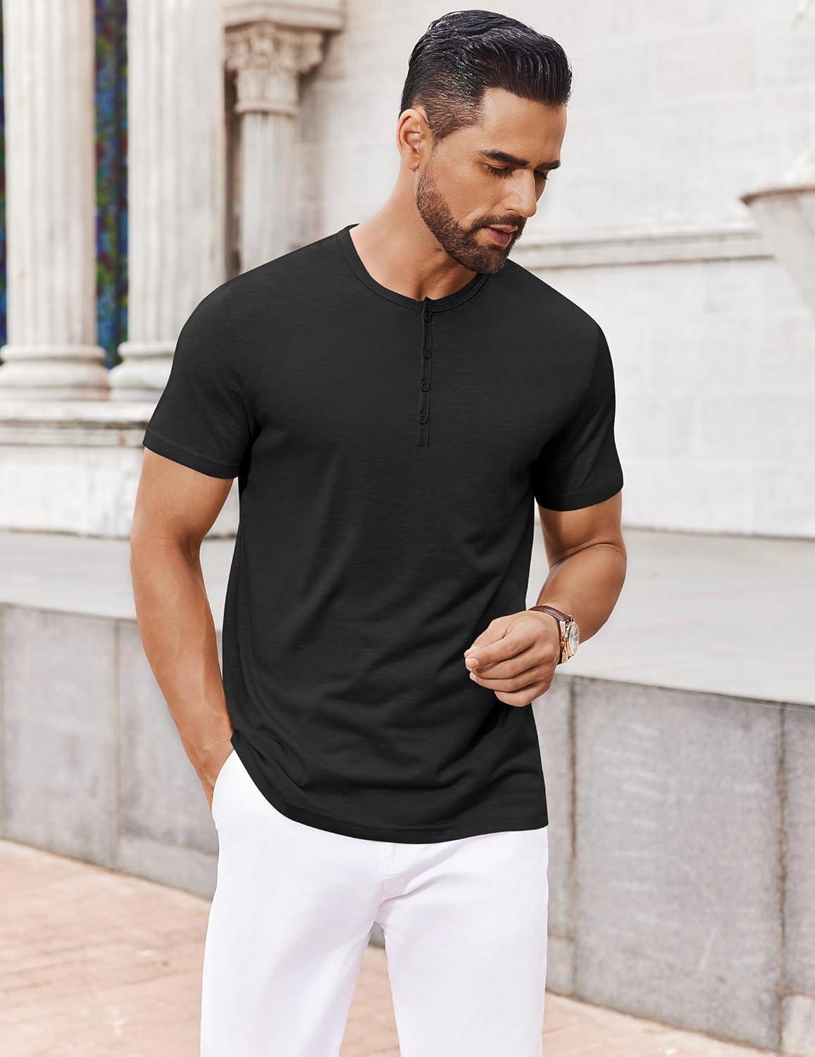 imageCOOFANDY Mens Henley Shirts Short Sleeve Collarless Button TShirt Fashion Casual Basic Tee TopsBlack