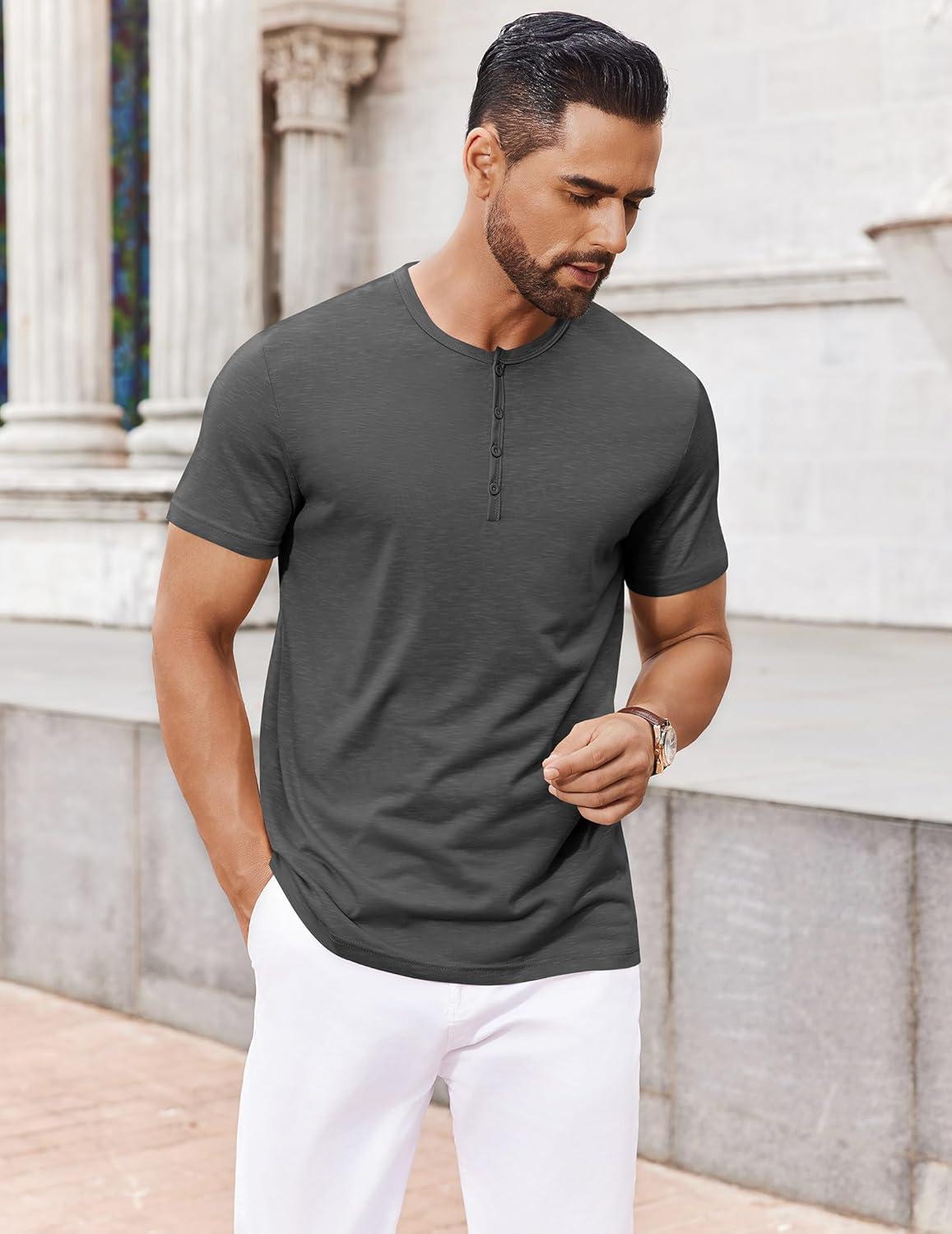 imageCOOFANDY Mens Henley Shirts Short Sleeve Collarless Button TShirt Fashion Casual Basic Tee TopsDark Grey