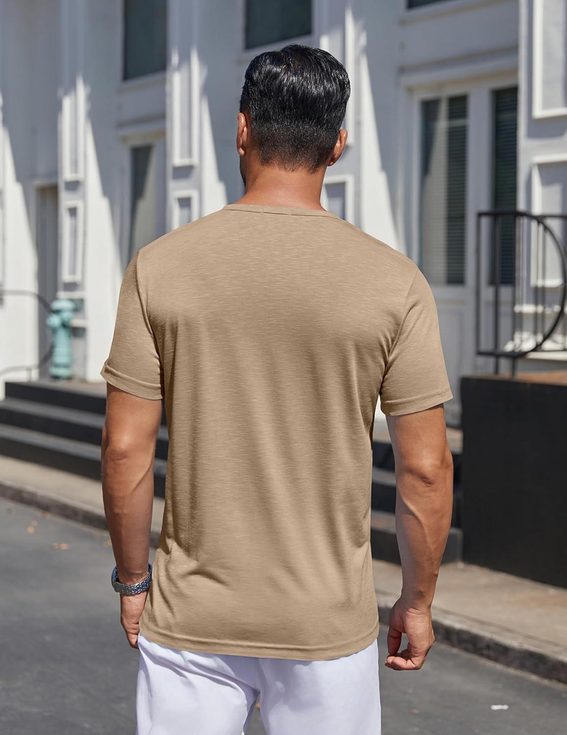 imageCOOFANDY Mens Henley Shirts Short Sleeve Collarless Button TShirt Fashion Casual Basic Tee TopsKhaki