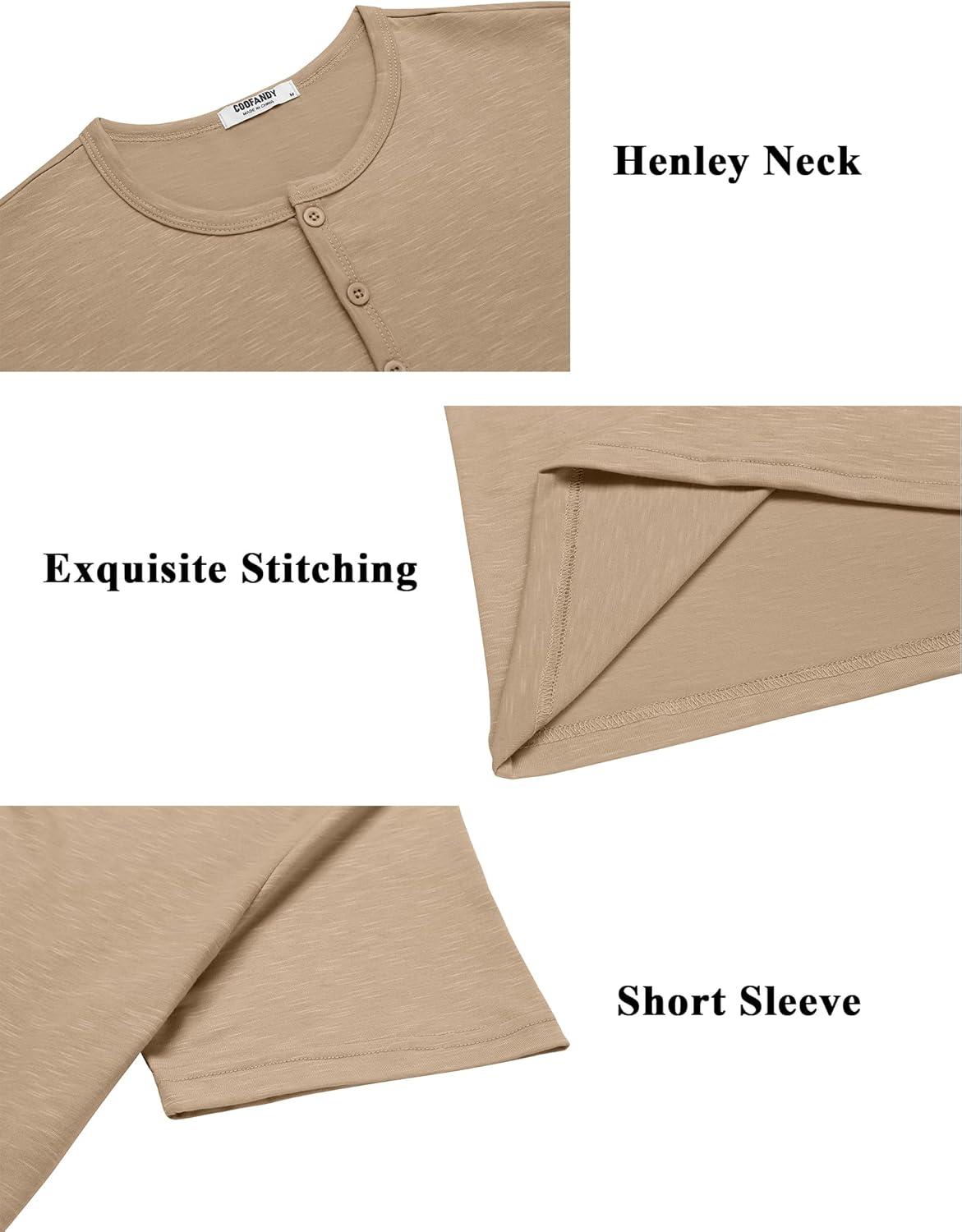imageCOOFANDY Mens Henley Shirts Short Sleeve Collarless Button TShirt Fashion Casual Basic Tee TopsKhaki