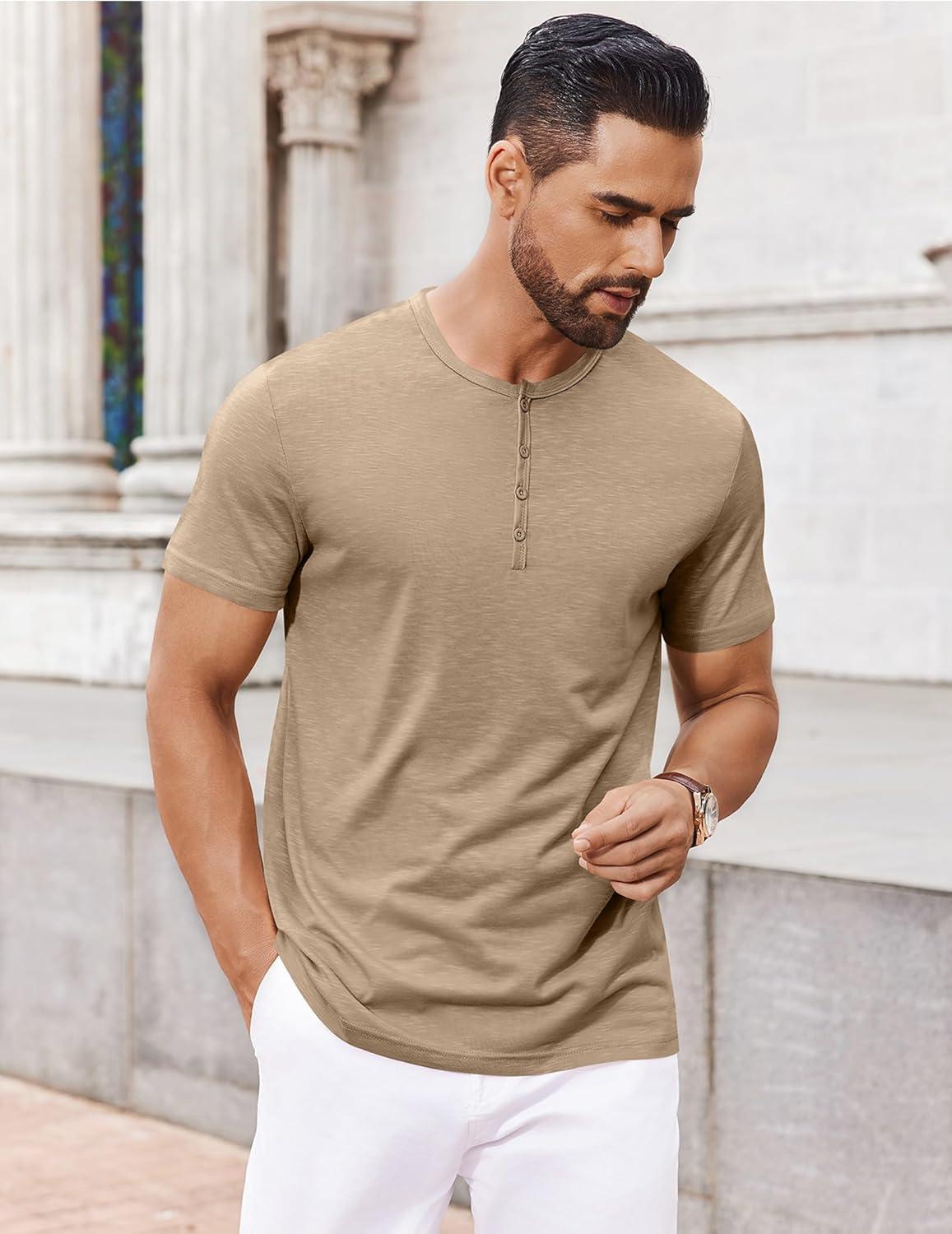 imageCOOFANDY Mens Henley Shirts Short Sleeve Collarless Button TShirt Fashion Casual Basic Tee TopsKhaki