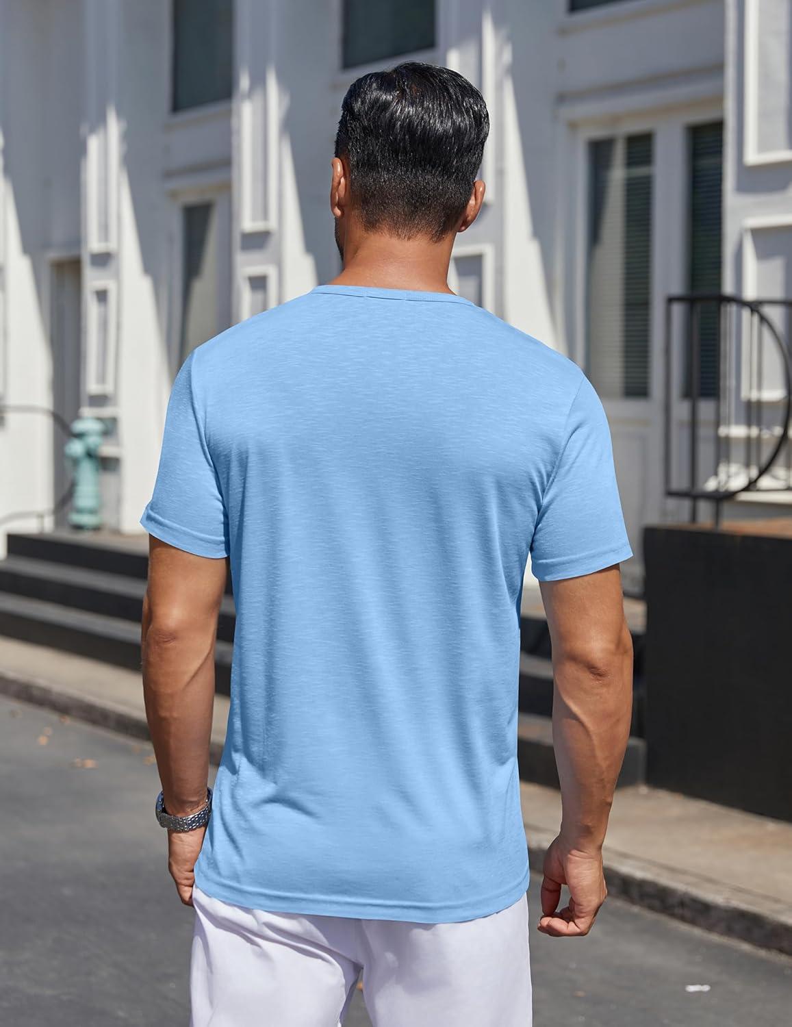 imageCOOFANDY Mens Henley Shirts Short Sleeve Collarless Button TShirt Fashion Casual Basic Tee TopsLight Blue