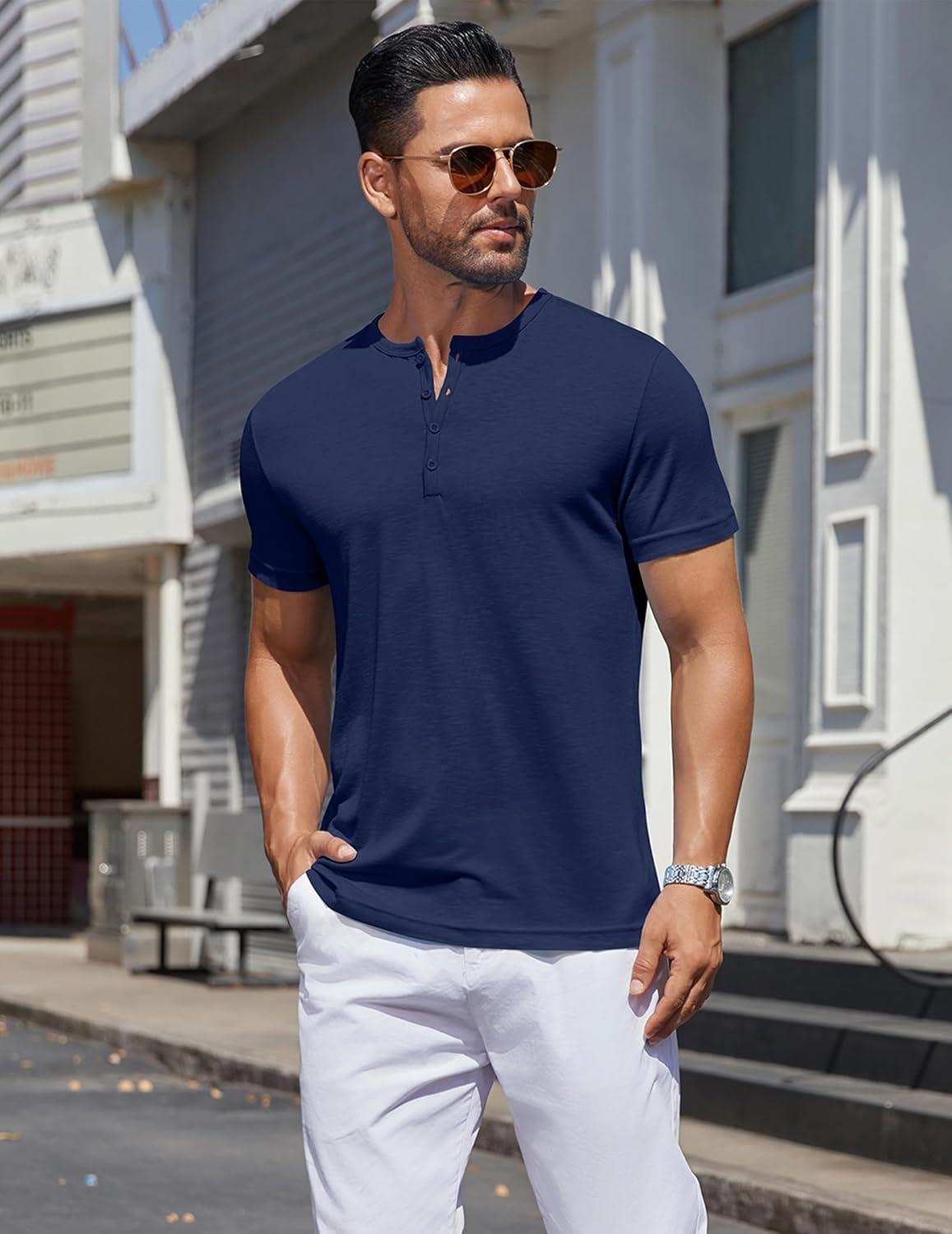 imageCOOFANDY Mens Henley Shirts Short Sleeve Collarless Button TShirt Fashion Casual Basic Tee TopsNavy Blue