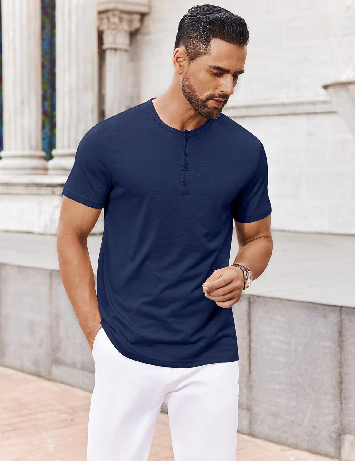 imageCOOFANDY Mens Henley Shirts Short Sleeve Collarless Button TShirt Fashion Casual Basic Tee TopsNavy Blue