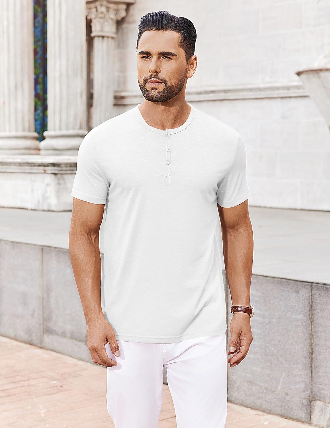 imageCOOFANDY Mens Henley Shirts Short Sleeve Collarless Button TShirt Fashion Casual Basic Tee TopsWhite
