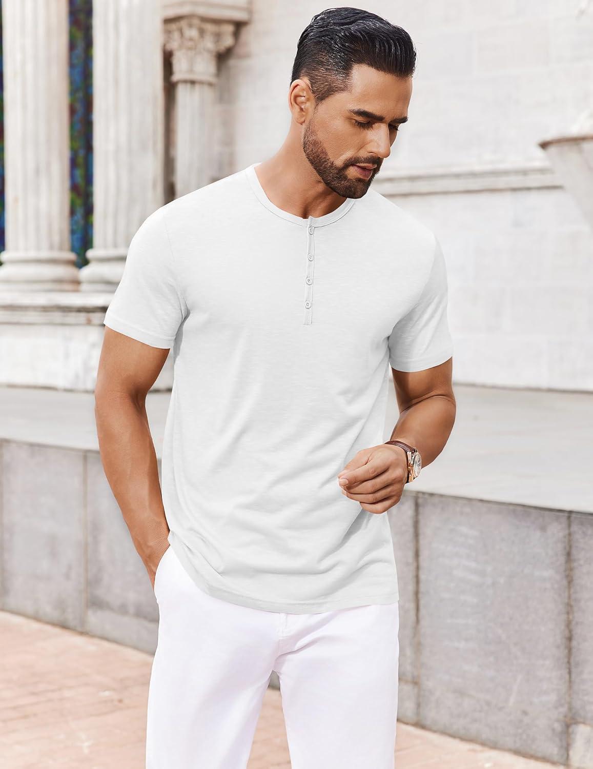 imageCOOFANDY Mens Henley Shirts Short Sleeve Collarless Button TShirt Fashion Casual Basic Tee TopsWhite