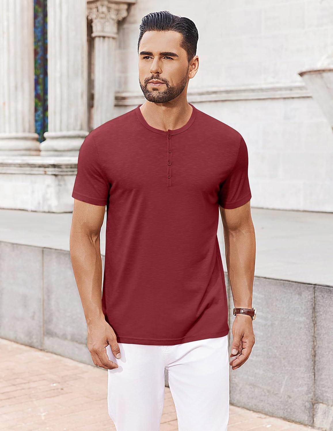 imageCOOFANDY Mens Henley Shirts Short Sleeve Collarless Button TShirt Fashion Casual Basic Tee TopsWine Red