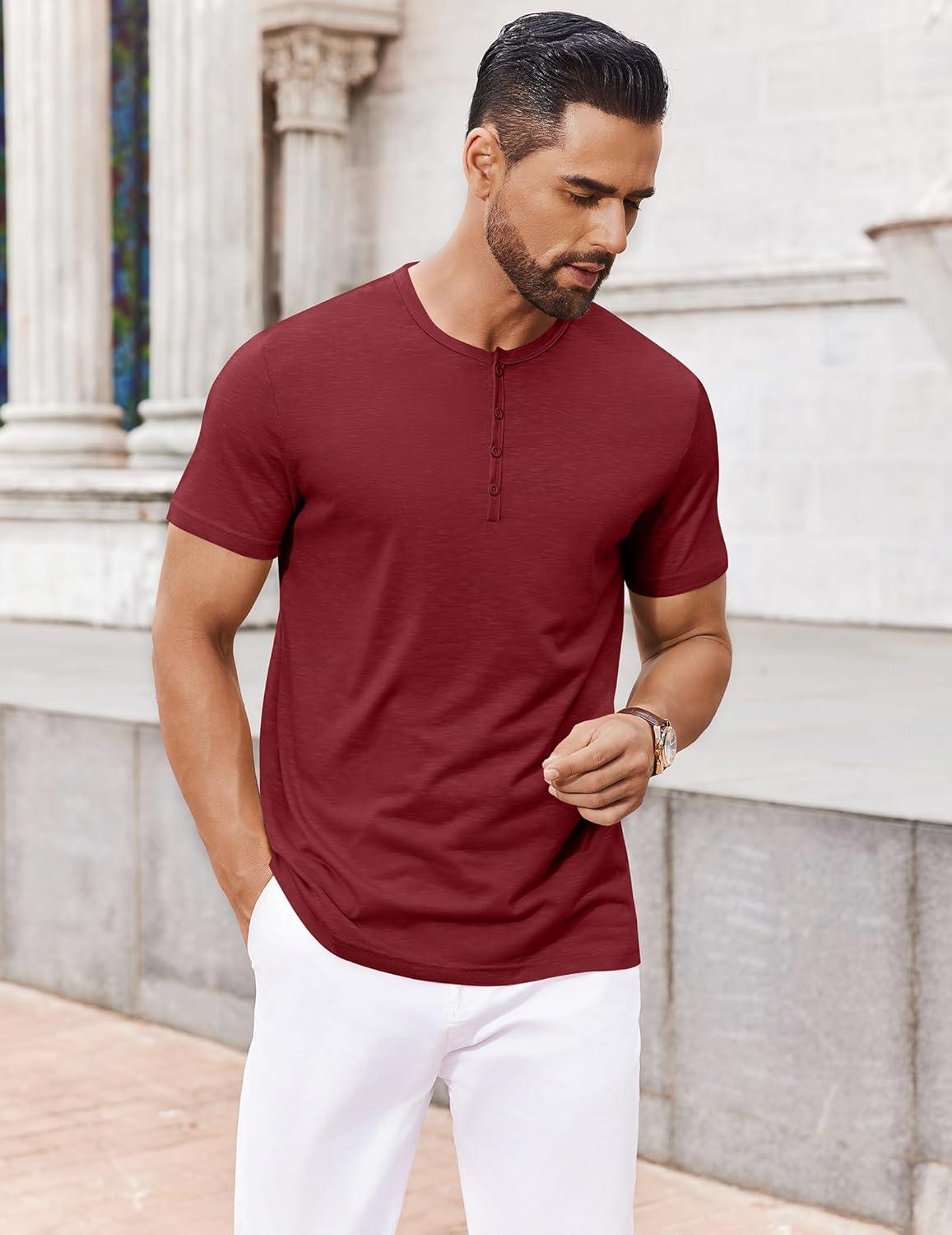 imageCOOFANDY Mens Henley Shirts Short Sleeve Collarless Button TShirt Fashion Casual Basic Tee TopsWine Red