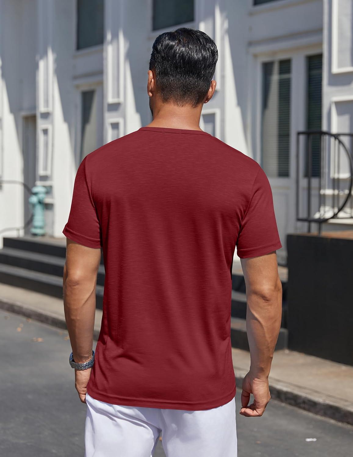 imageCOOFANDY Mens Henley Shirts Short Sleeve Collarless Button TShirt Fashion Casual Basic Tee TopsWine Red