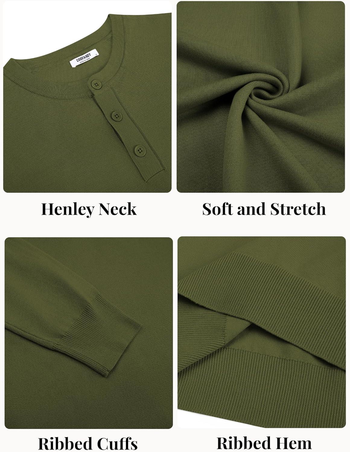 imageCOOFANDY Mens Henley Sweater Long Sleeve Quarter Button Sweaters Casual Knit Pullover SweaterArmy Green