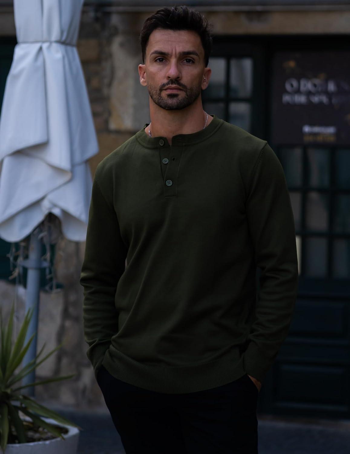 imageCOOFANDY Mens Henley Sweater Long Sleeve Quarter Button Sweaters Casual Knit Pullover SweaterArmy Green