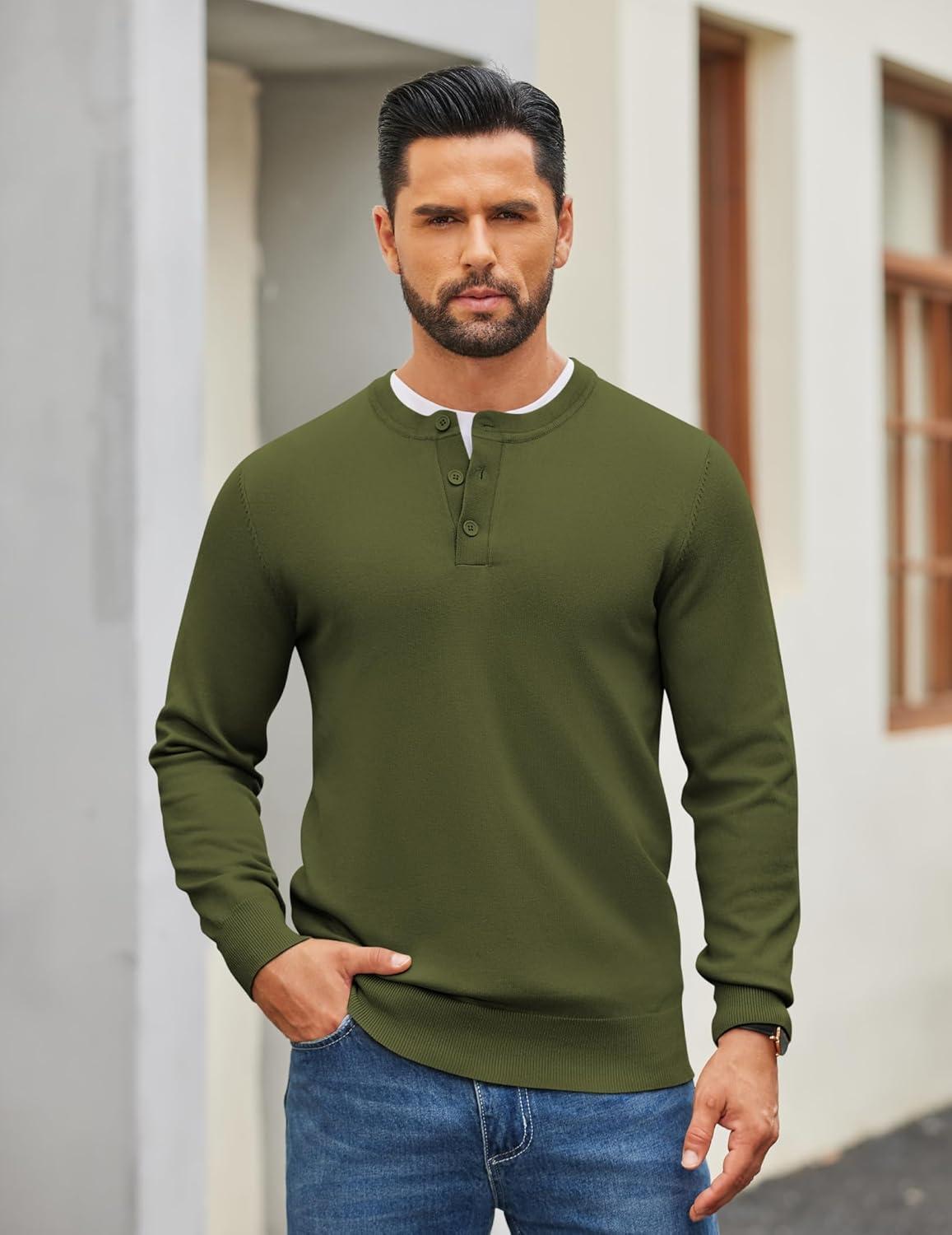 imageCOOFANDY Mens Henley Sweater Long Sleeve Quarter Button Sweaters Casual Knit Pullover SweaterArmy Green