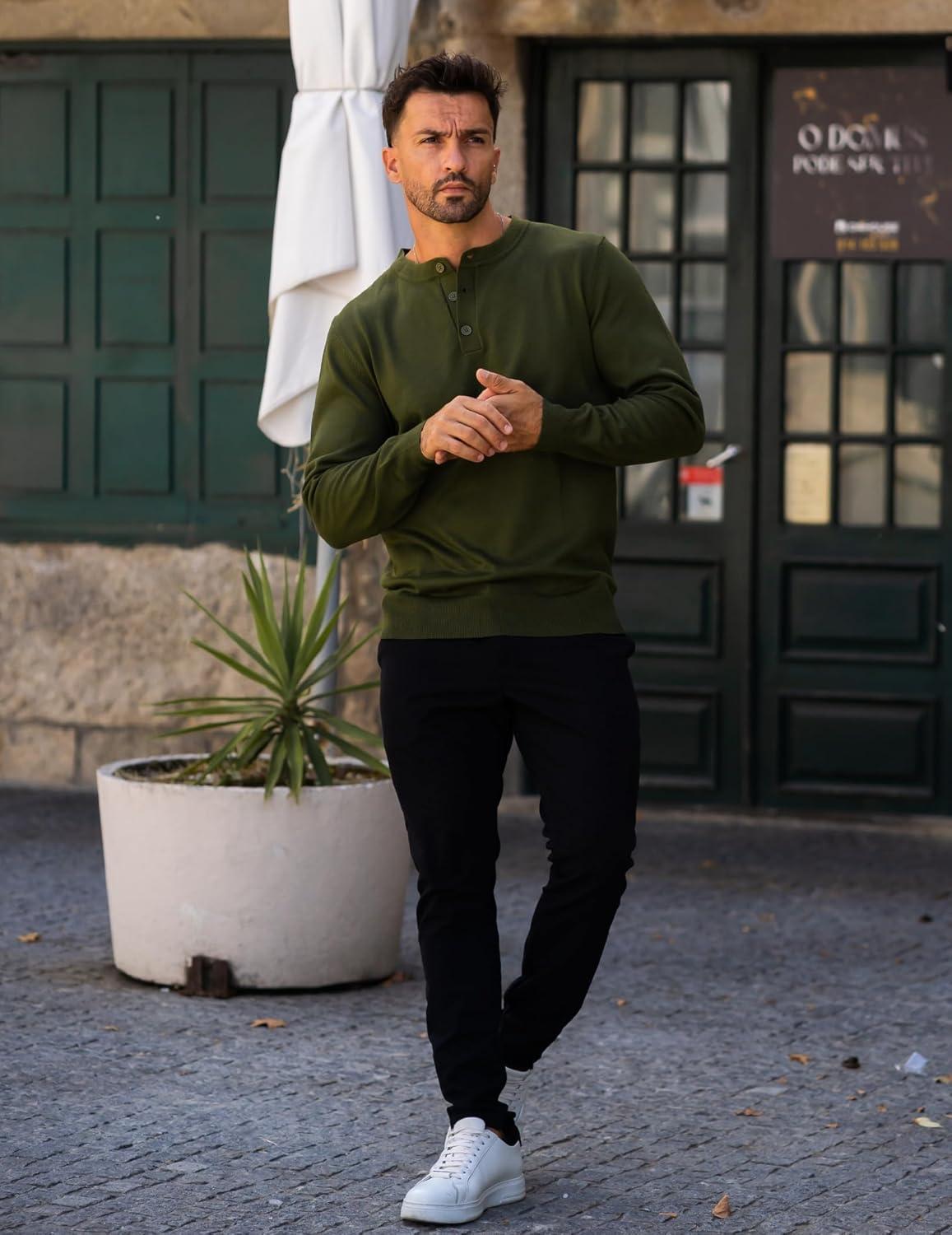 imageCOOFANDY Mens Henley Sweater Long Sleeve Quarter Button Sweaters Casual Knit Pullover SweaterArmy Green