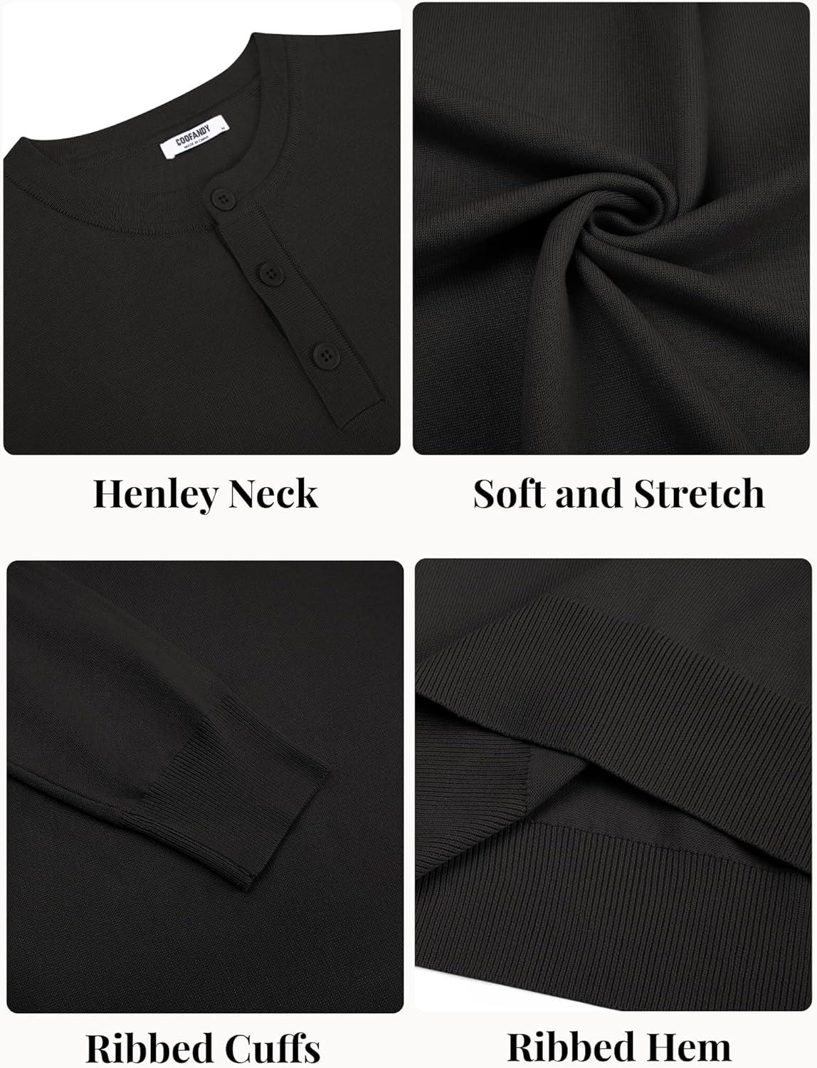 imageCOOFANDY Mens Henley Sweater Long Sleeve Quarter Button Sweaters Casual Knit Pullover SweaterBlack