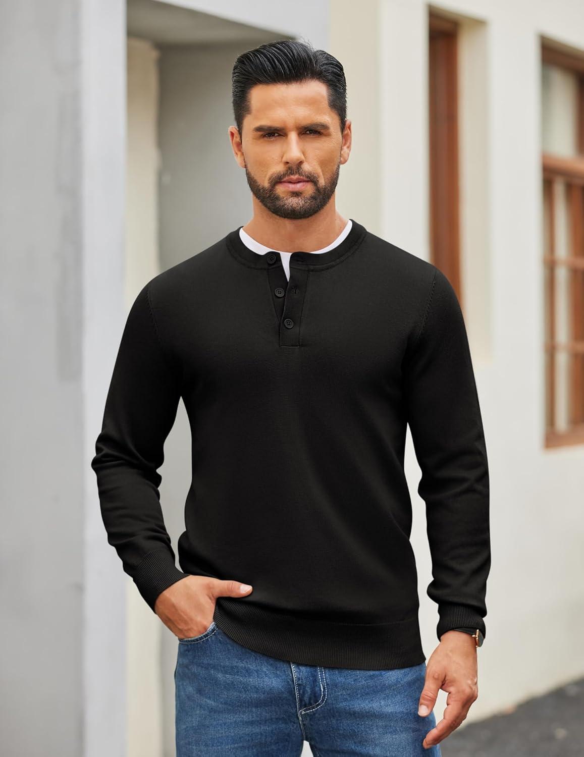 imageCOOFANDY Mens Henley Sweater Long Sleeve Quarter Button Sweaters Casual Knit Pullover SweaterBlack