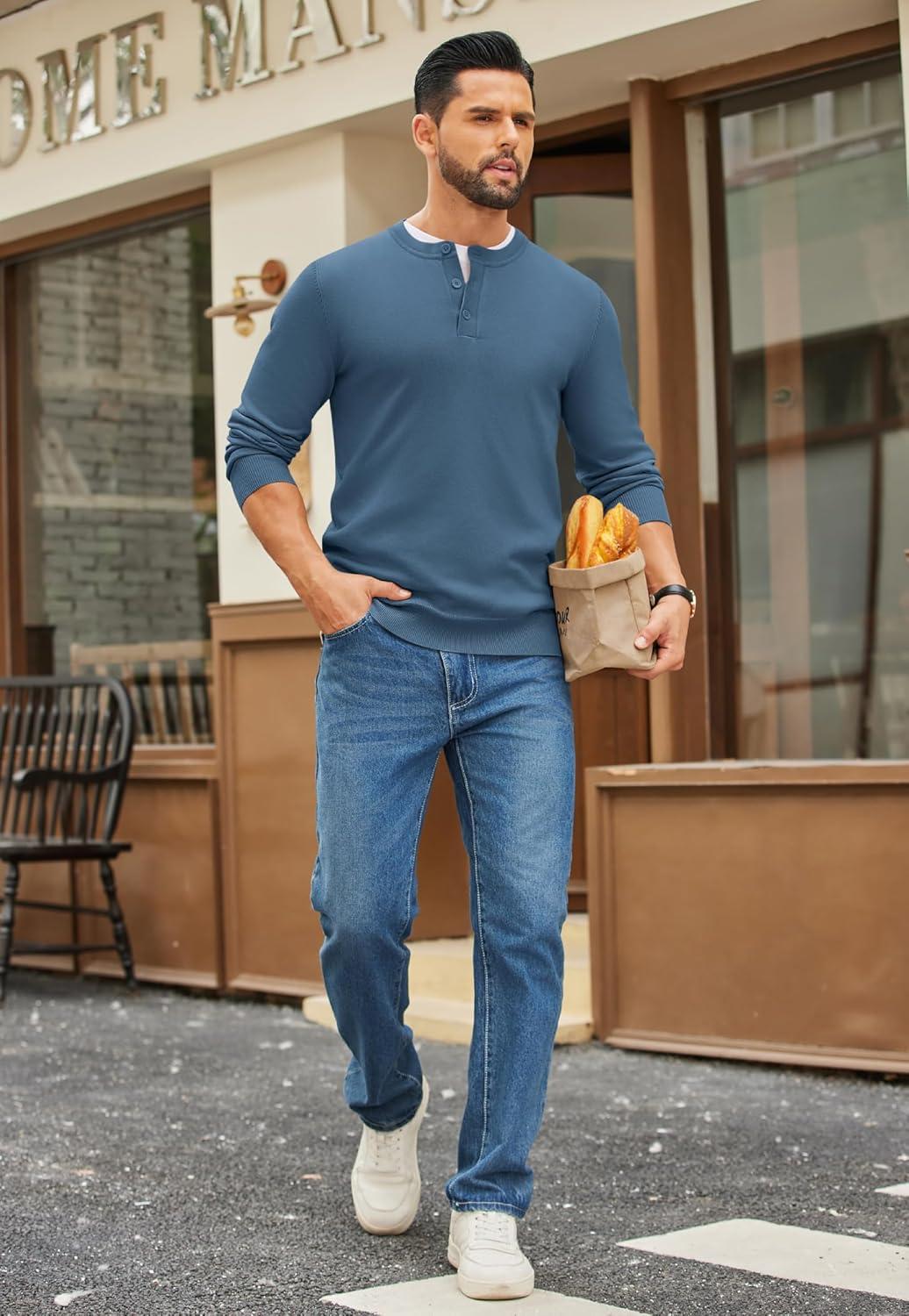 imageCOOFANDY Mens Henley Sweater Long Sleeve Quarter Button Sweaters Casual Knit Pullover SweaterBlue