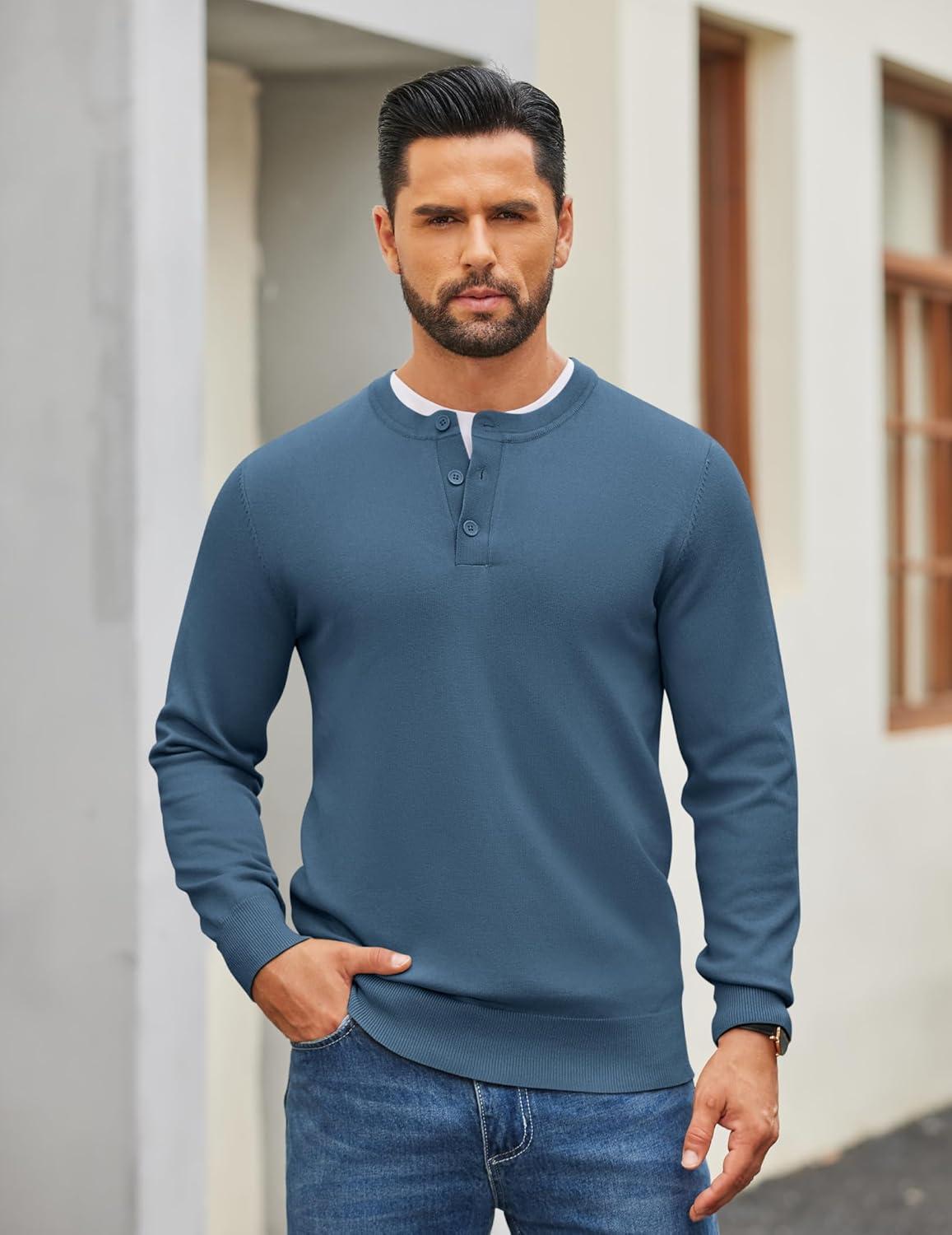 imageCOOFANDY Mens Henley Sweater Long Sleeve Quarter Button Sweaters Casual Knit Pullover SweaterBlue