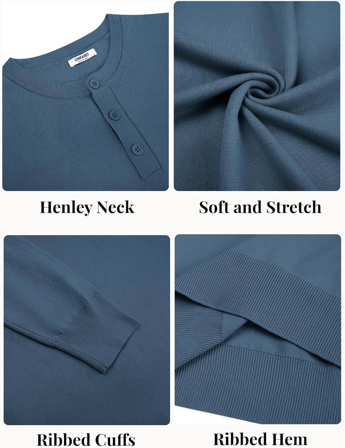 imageCOOFANDY Mens Henley Sweater Long Sleeve Quarter Button Sweaters Casual Knit Pullover SweaterBlue