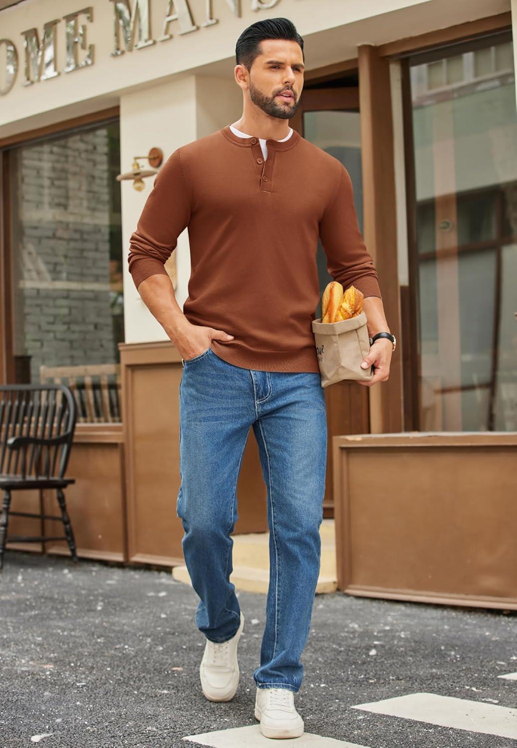 imageCOOFANDY Mens Henley Sweater Long Sleeve Quarter Button Sweaters Casual Knit Pullover SweaterCaramel