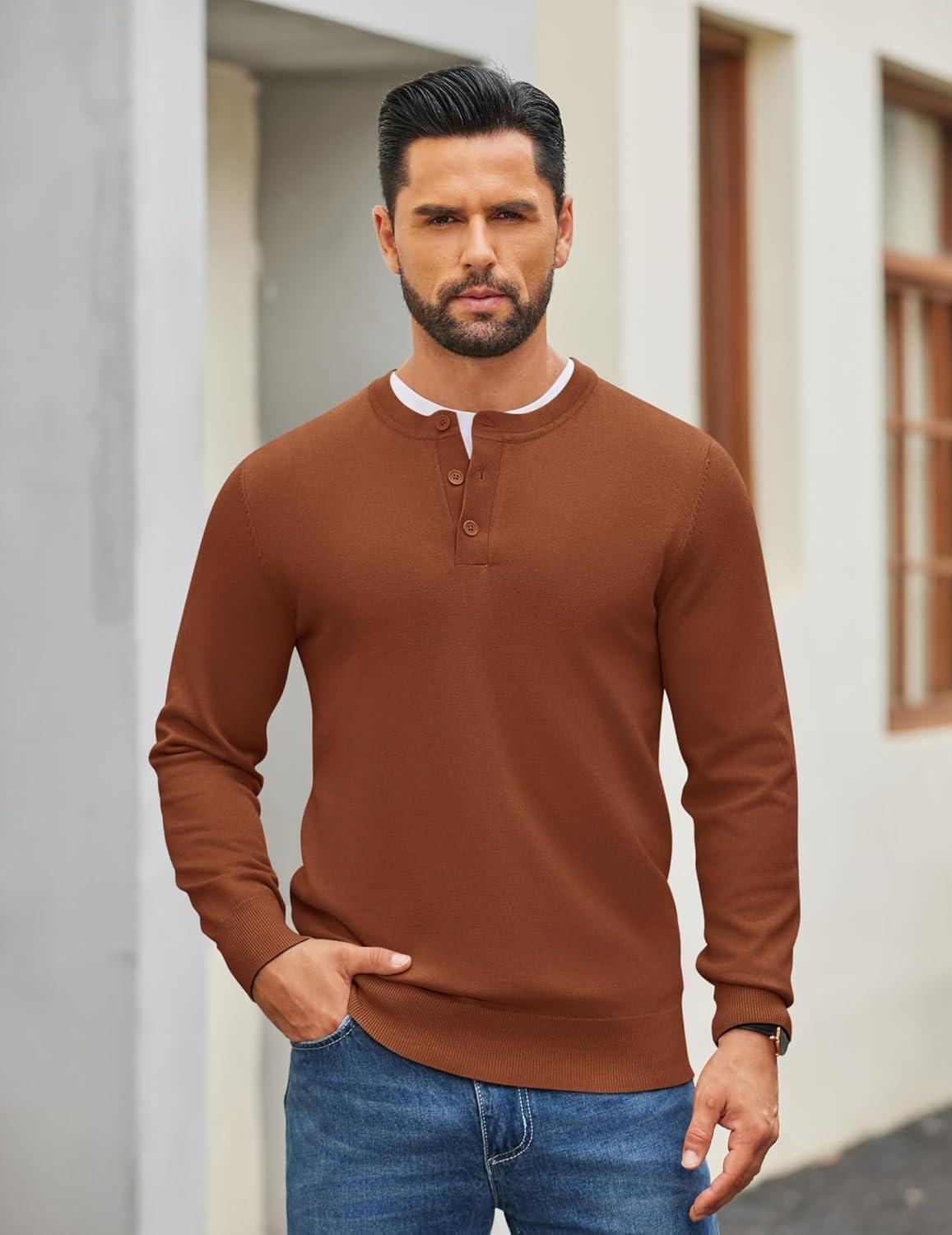 imageCOOFANDY Mens Henley Sweater Long Sleeve Quarter Button Sweaters Casual Knit Pullover SweaterCaramel