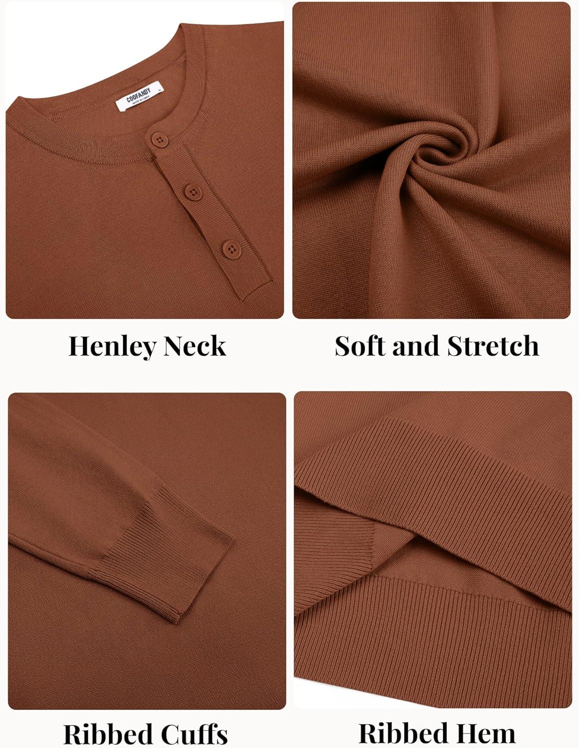 imageCOOFANDY Mens Henley Sweater Long Sleeve Quarter Button Sweaters Casual Knit Pullover SweaterCaramel