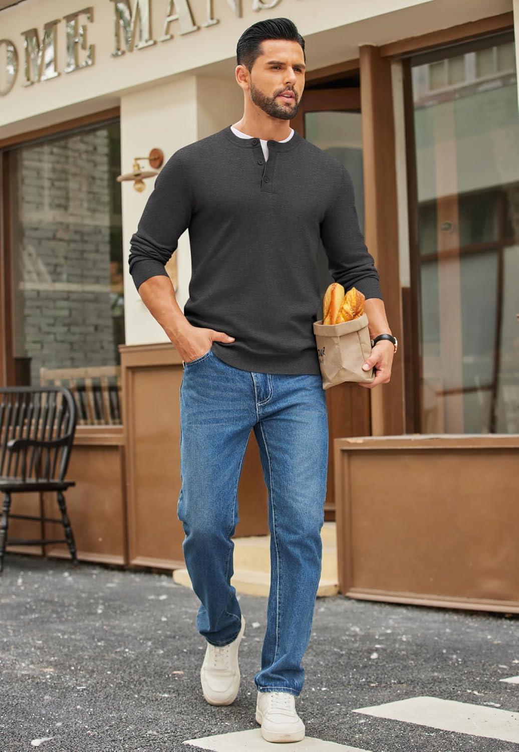 imageCOOFANDY Mens Henley Sweater Long Sleeve Quarter Button Sweaters Casual Knit Pullover SweaterDark Grey