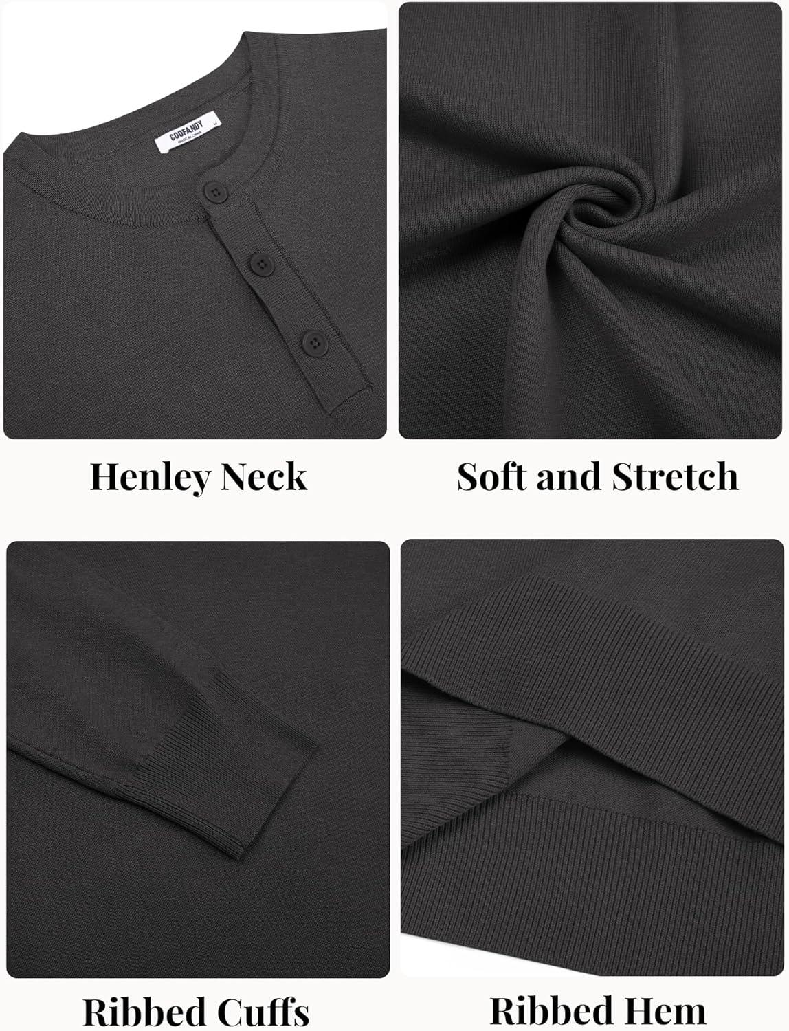 imageCOOFANDY Mens Henley Sweater Long Sleeve Quarter Button Sweaters Casual Knit Pullover SweaterDark Grey