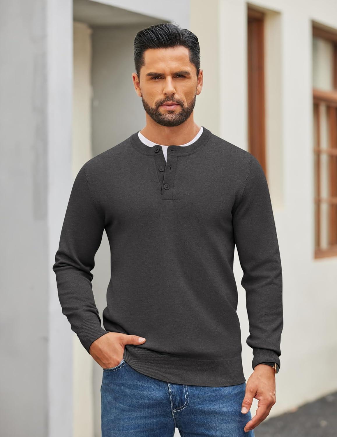 imageCOOFANDY Mens Henley Sweater Long Sleeve Quarter Button Sweaters Casual Knit Pullover SweaterDark Grey