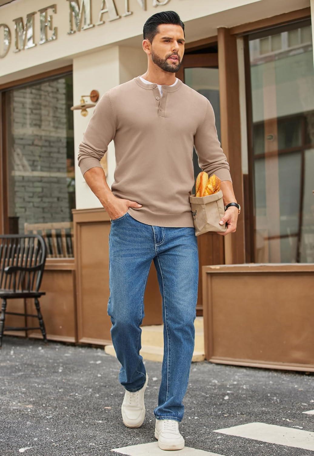 imageCOOFANDY Mens Henley Sweater Long Sleeve Quarter Button Sweaters Casual Knit Pullover SweaterDark Khaki