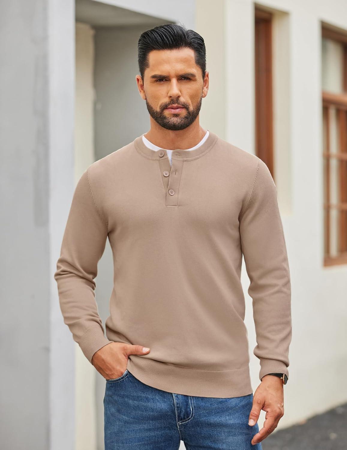 imageCOOFANDY Mens Henley Sweater Long Sleeve Quarter Button Sweaters Casual Knit Pullover SweaterDark Khaki