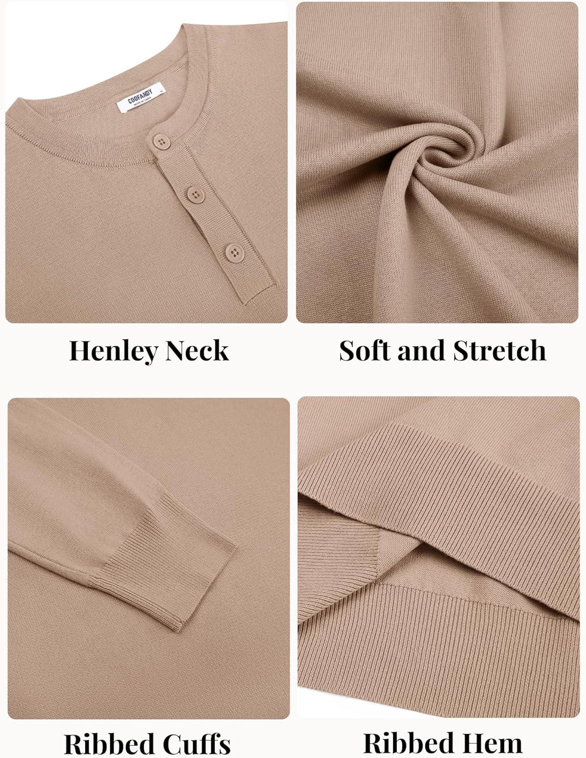 imageCOOFANDY Mens Henley Sweater Long Sleeve Quarter Button Sweaters Casual Knit Pullover SweaterDark Khaki