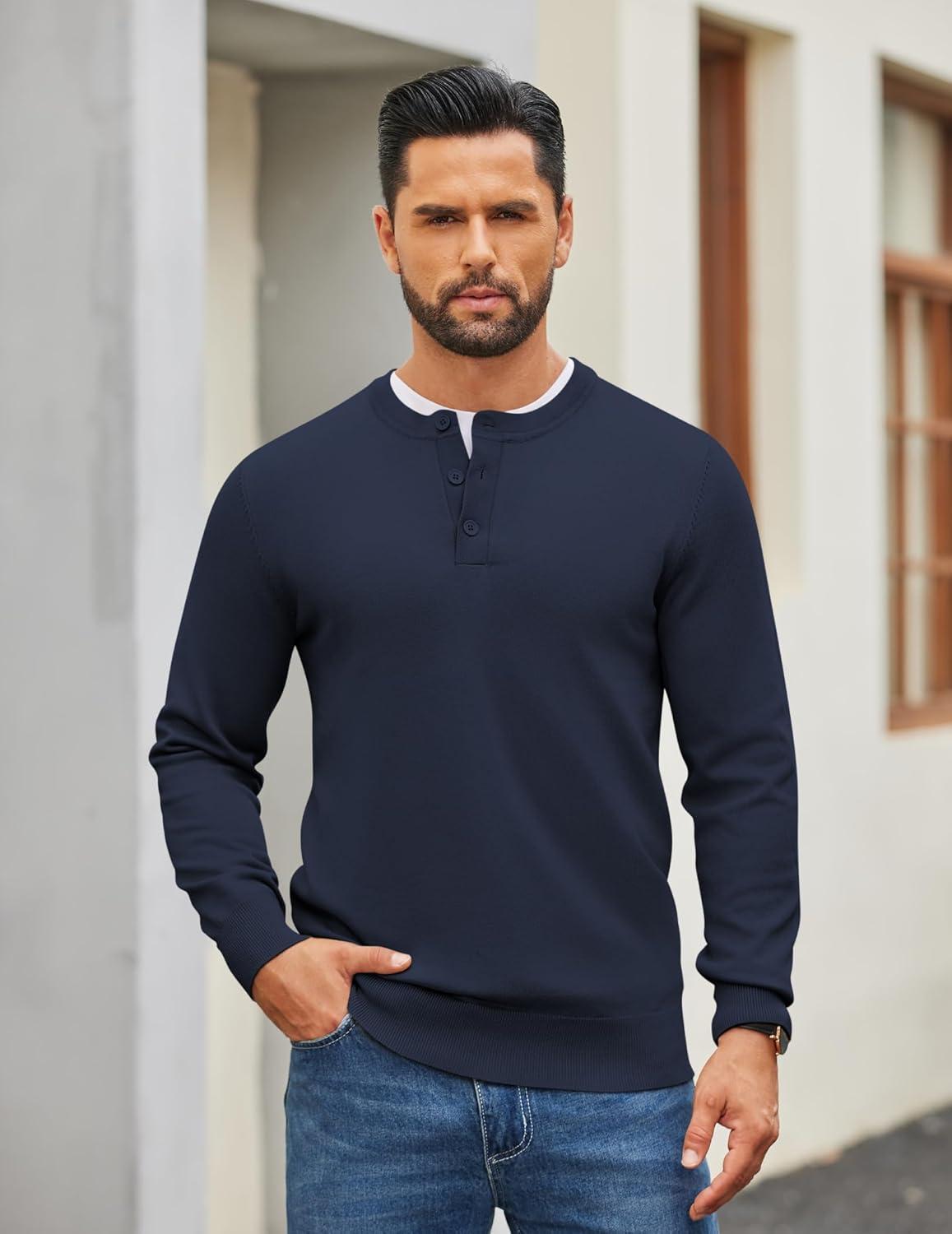 imageCOOFANDY Mens Henley Sweater Long Sleeve Quarter Button Sweaters Casual Knit Pullover SweaterDark Navy Blue