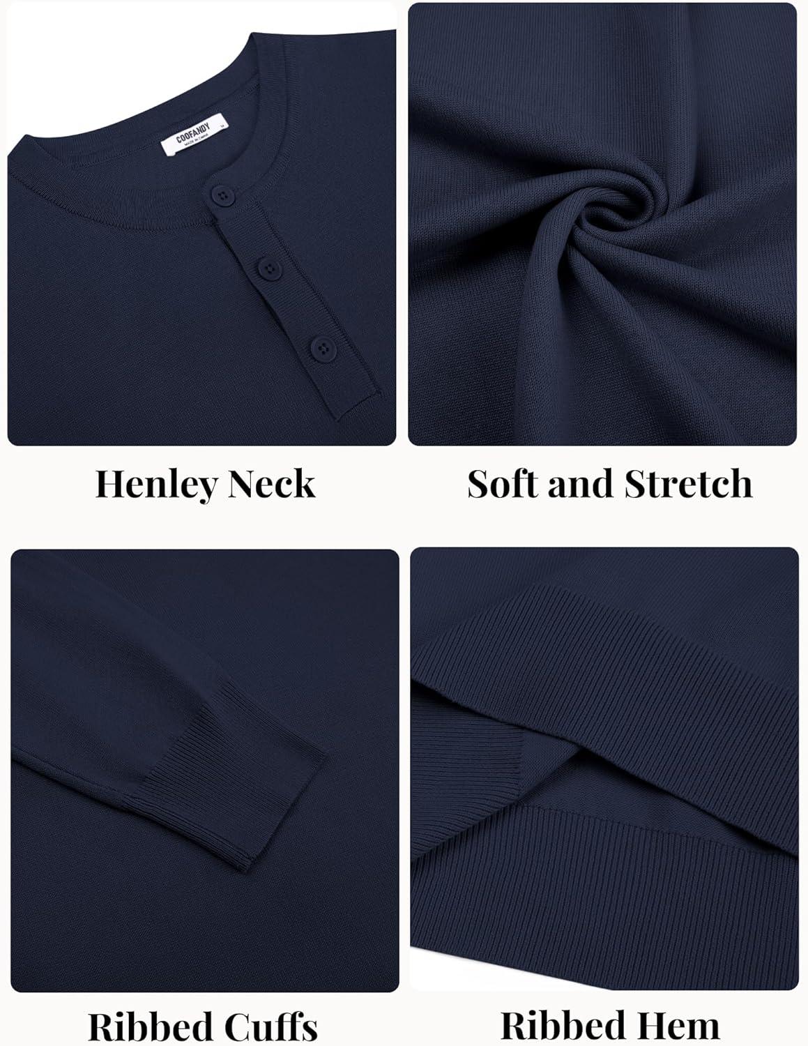 imageCOOFANDY Mens Henley Sweater Long Sleeve Quarter Button Sweaters Casual Knit Pullover SweaterDark Navy Blue