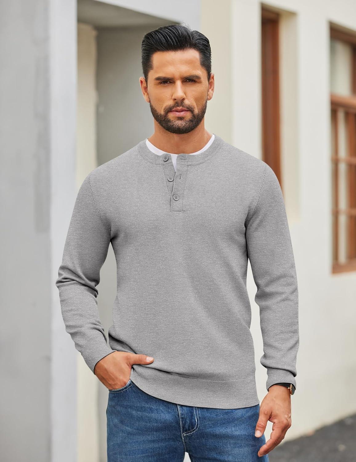 imageCOOFANDY Mens Henley Sweater Long Sleeve Quarter Button Sweaters Casual Knit Pullover SweaterLight Grey
